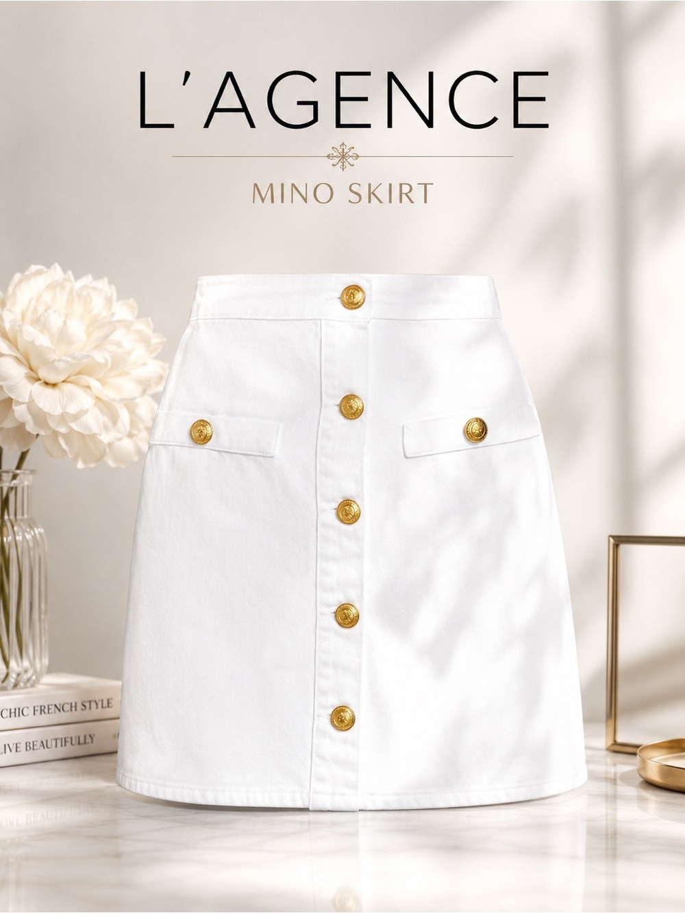 NWOT- L'Agence Kris Denim Mini Skirt - White with Gold Buttons / Size 25